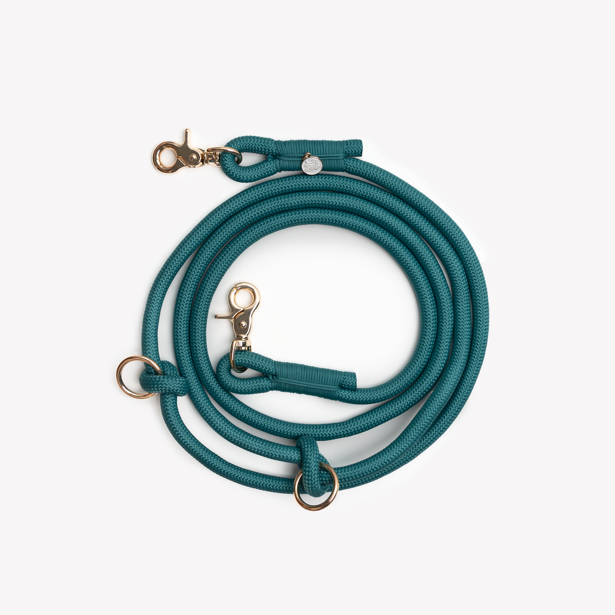 Teal braided dog leash coiled with snap clips and metal rings