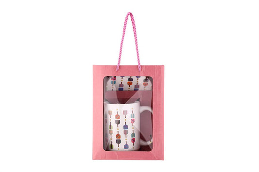 Pickleball coffee mug and coaster set in a pink gift box with a rope handle.