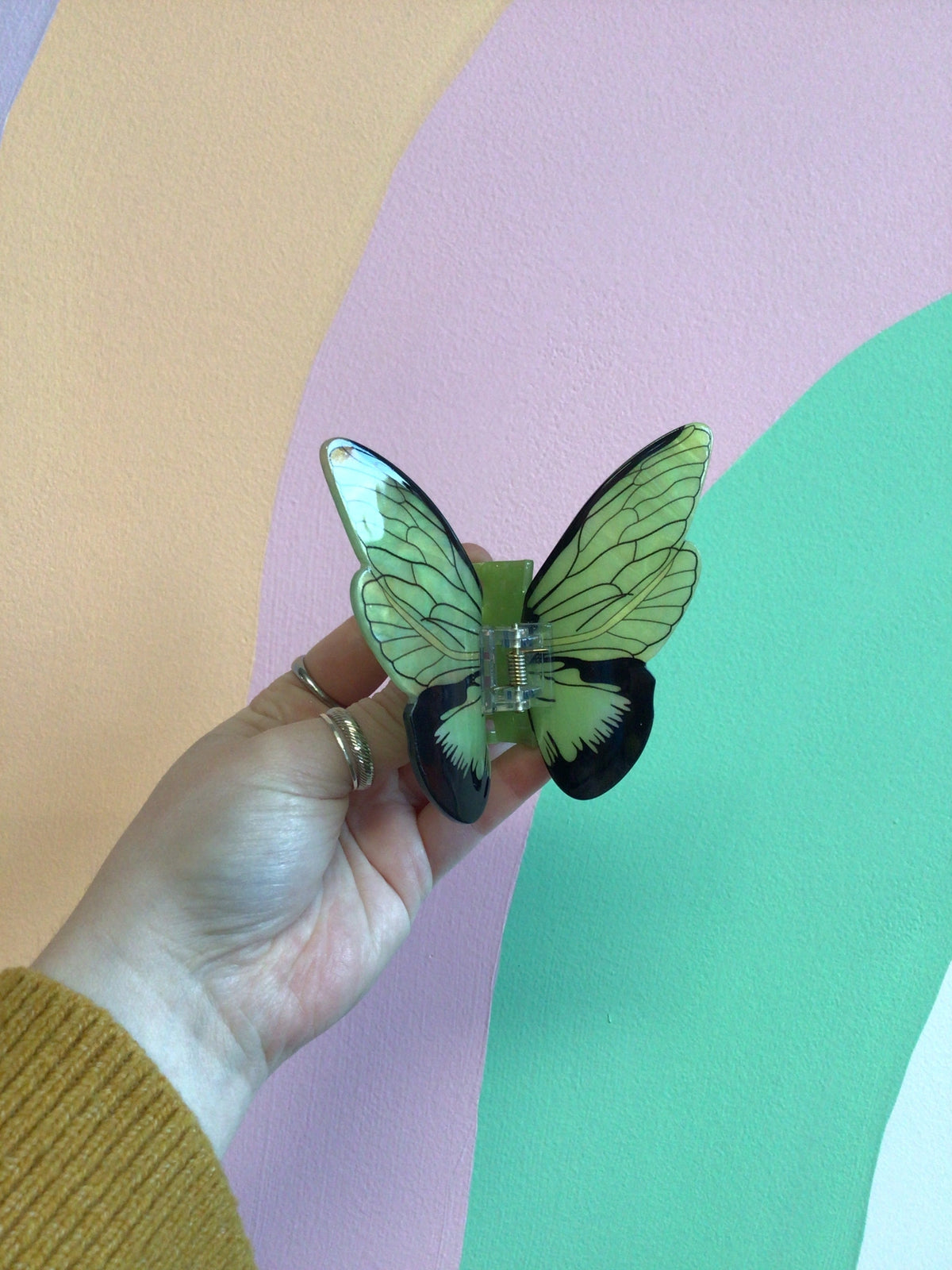 Green butterfly hair claw with black edges and a central metal clasp
