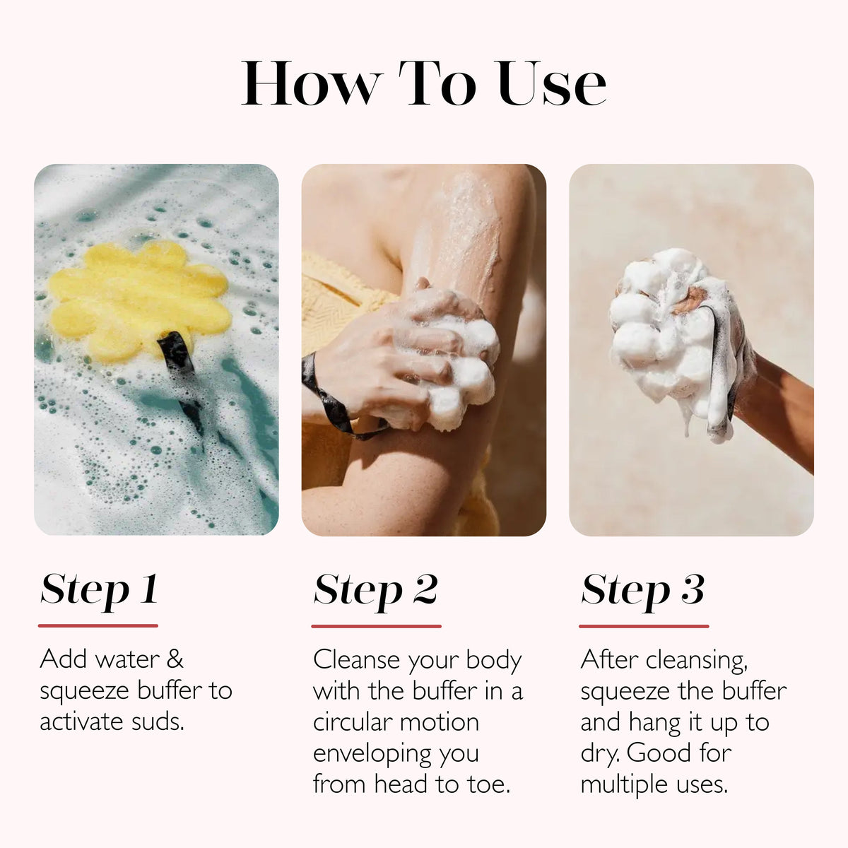 How to use body buffer sponges: three-step panel showing cleaning and rinsing.