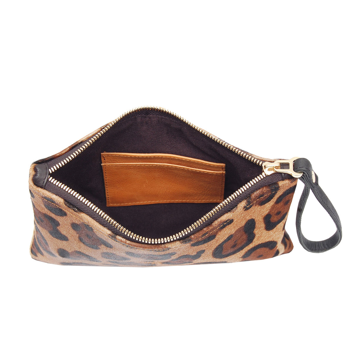Leopard wristlet clutch open to show tan interior pocket and gold zipper edge