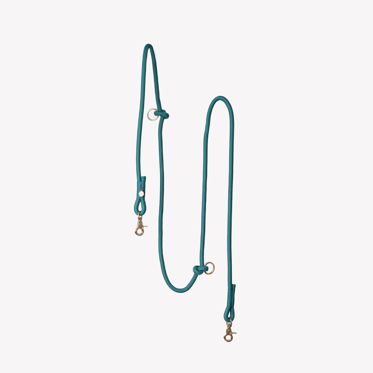 Teal braided hands-free dog leash with metal rings and clasps