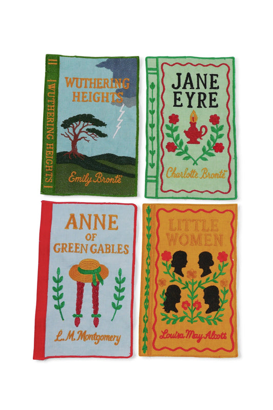 Embroidered cocktail napkins (4): Wuthering Heights, Jane Eyre, Anne of Green Gables, Little Women.
