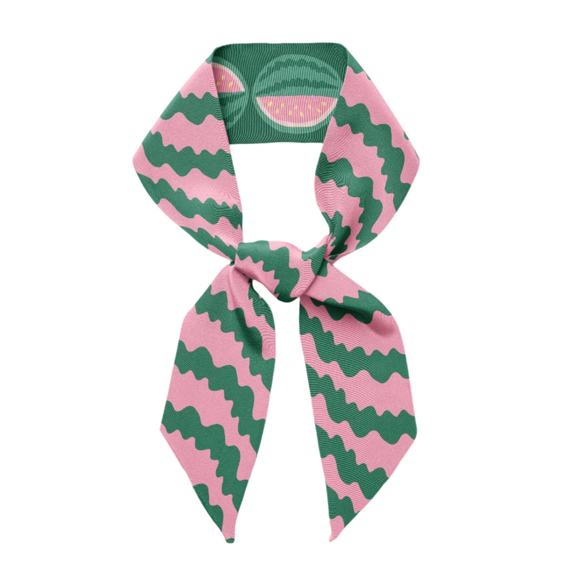 Green and pink watermelon print twilly ribbon scarf with tied bow and tails.