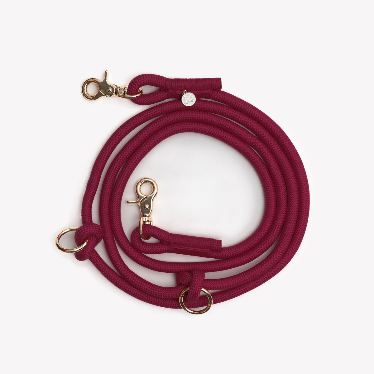Burgundy braided hands-free dog leash with adjustable strap and metal clips