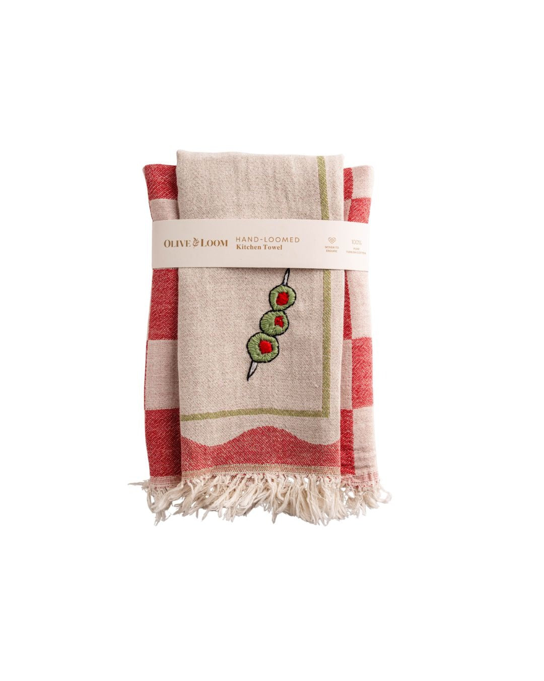 Folded kitchen towel with cream body, red-and-cream plaid border, and olive embroidery