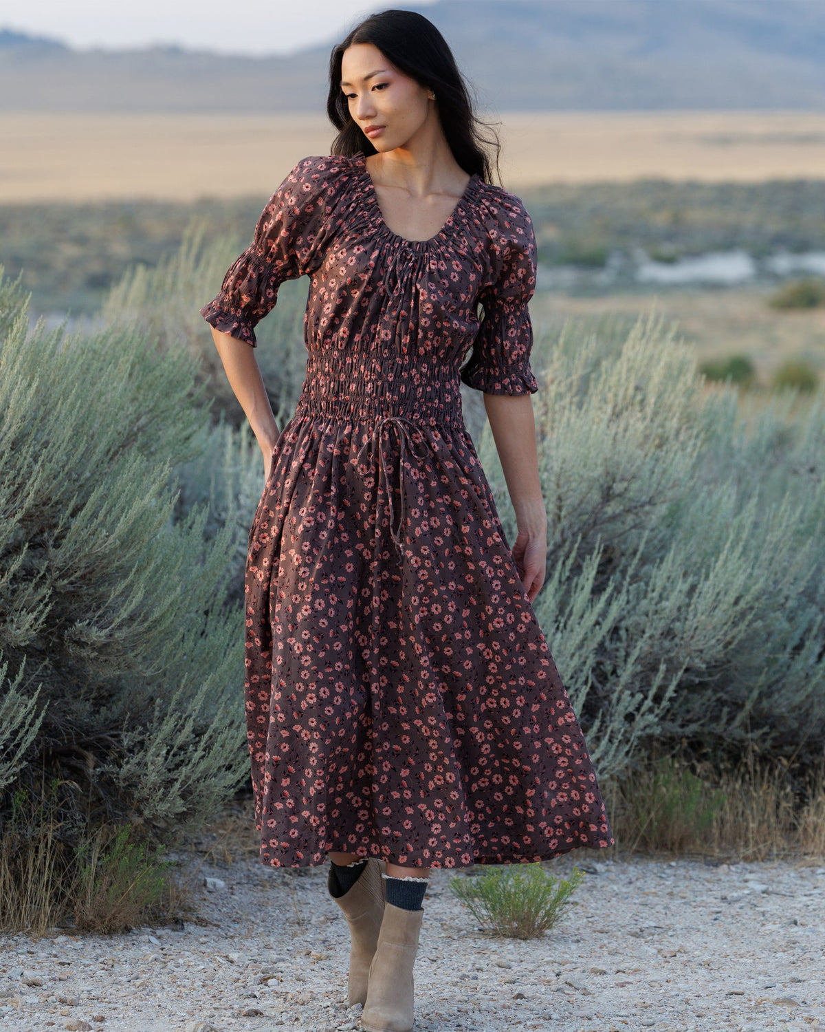 Dark rose floral midi dress with puff sleeves and gathered waist
