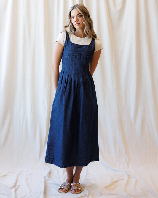 Medium blue wash denim dress, sleeveless square neck, gathered skirt, mid-calf length
