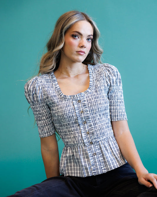 Plaid short-sleeve peplum blouse with square neckline and button front