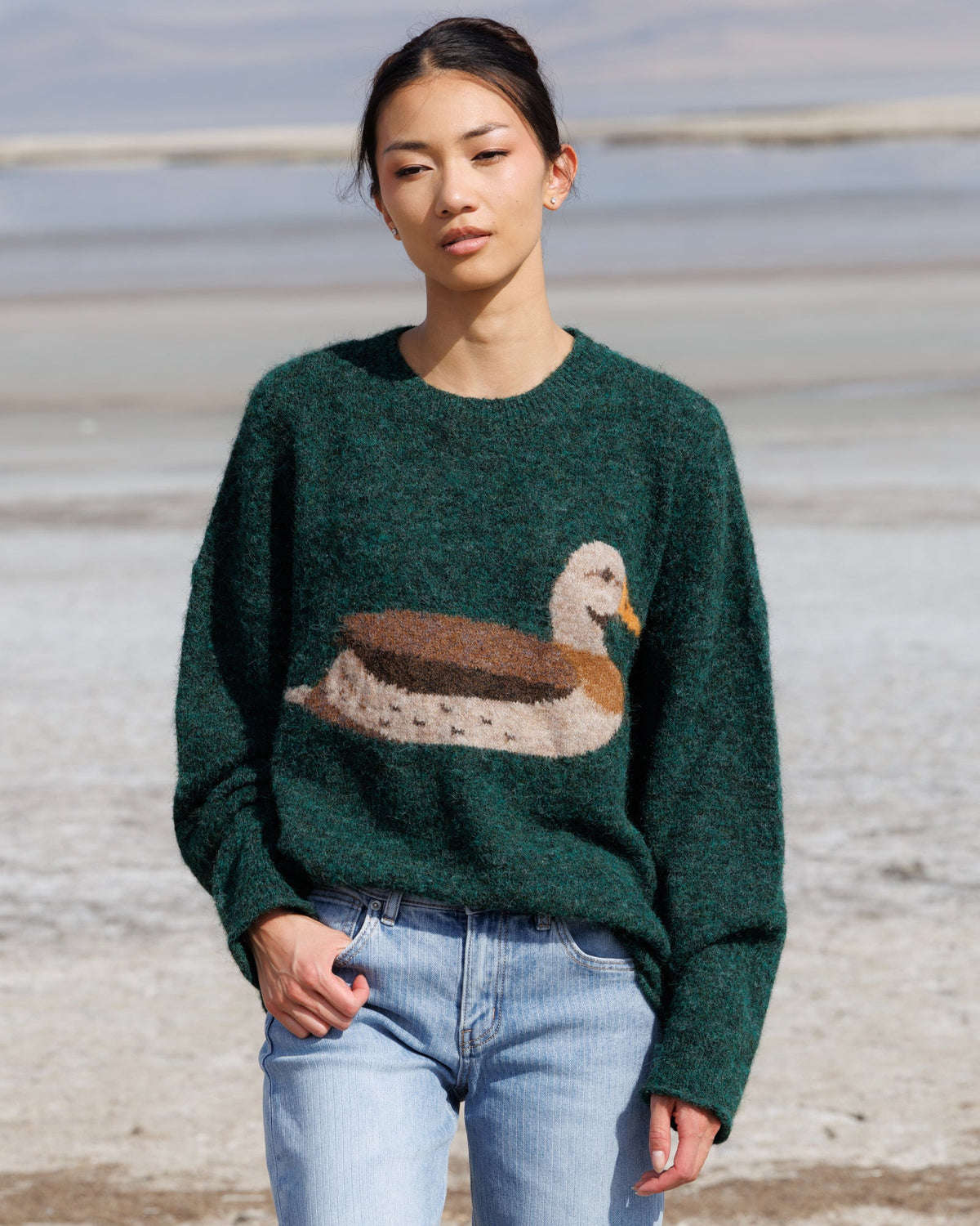 Forest green knit sweater with crew neck and long sleeves, bird graphic across chest