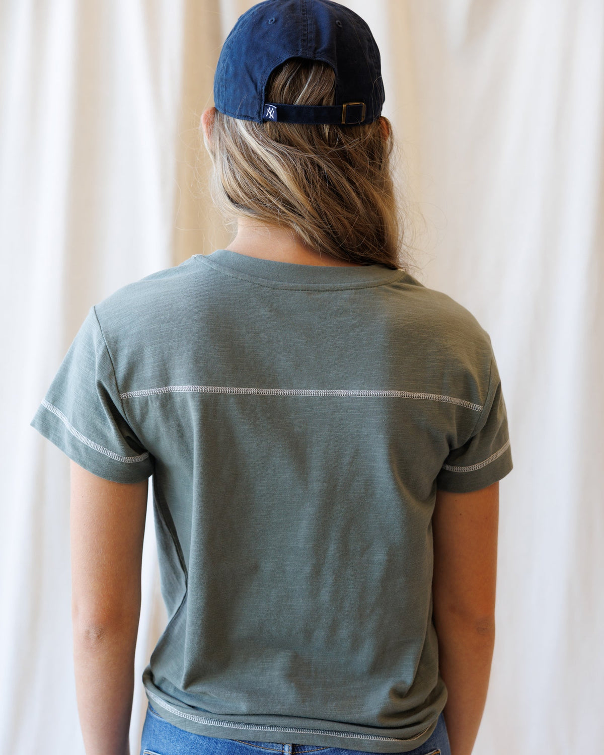 Mulled Basil crewneck T-shirt back view, short sleeves and center seam