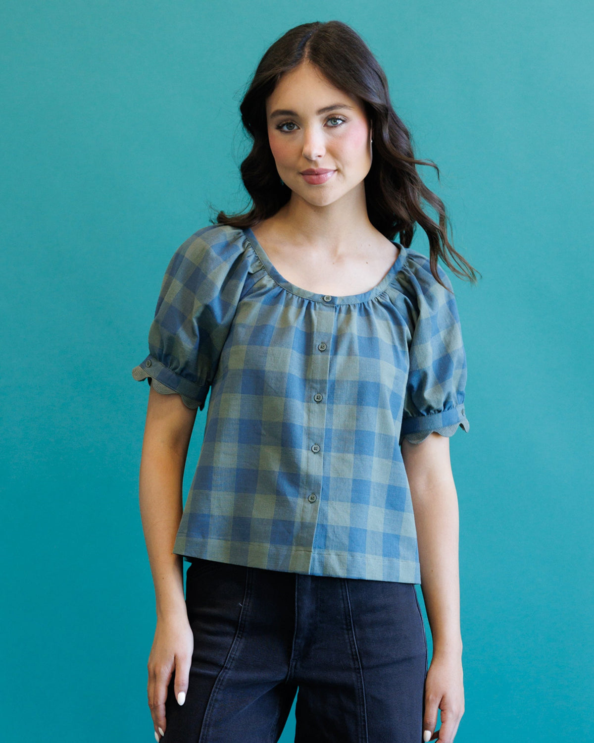 Blue and gray checked short-sleeve top with gathered neckline and button front