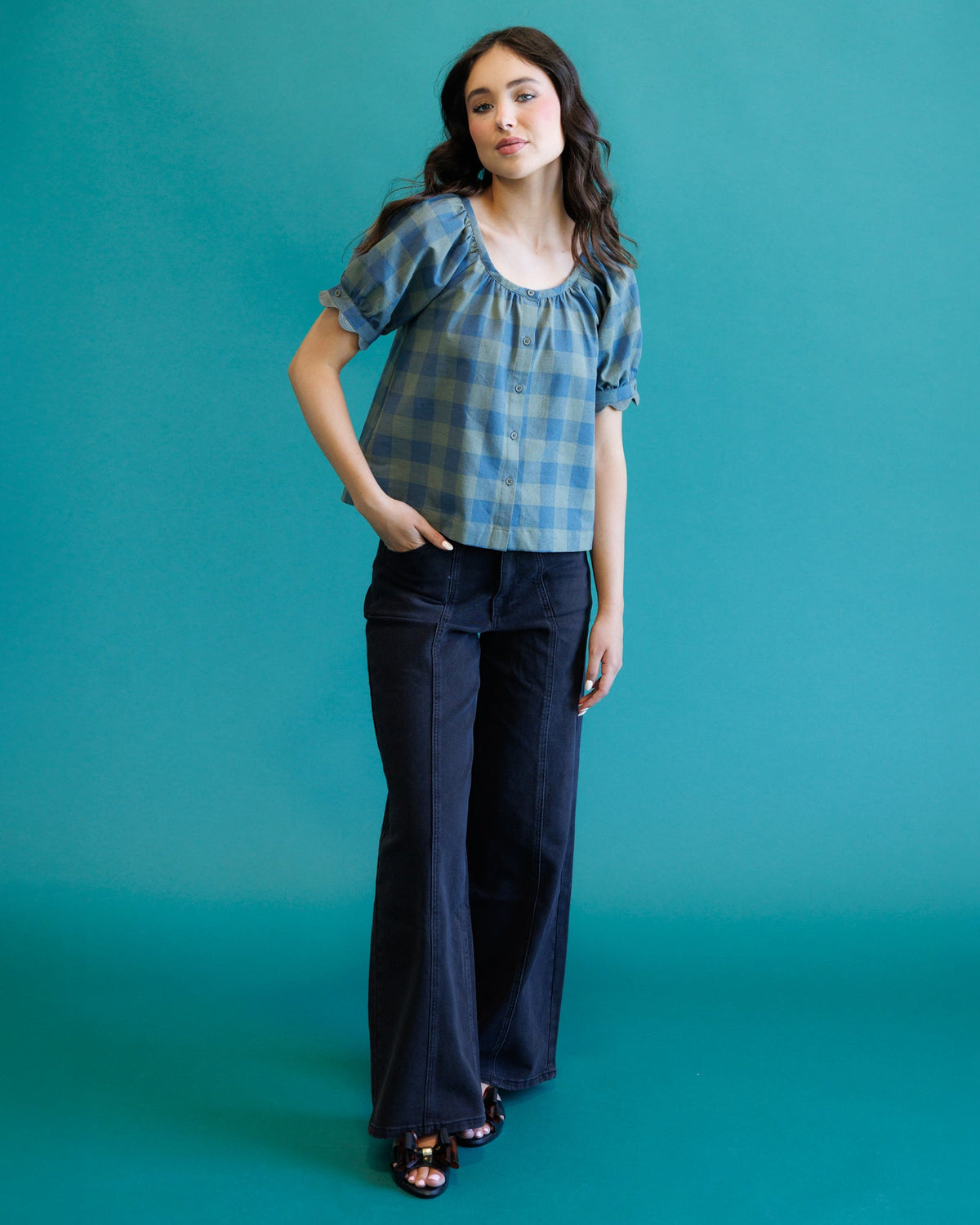 Blue and gray checked short-sleeve top with gathered neckline and button front