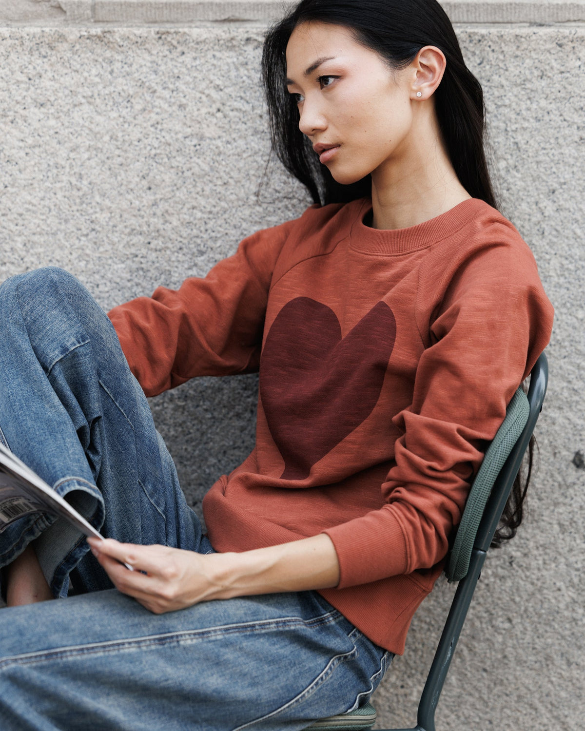 Copper brown heart graphic crewneck sweatshirt with long sleeves