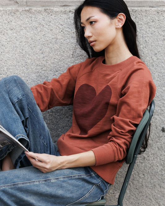 Copper brown heart graphic crewneck sweatshirt with long sleeves
