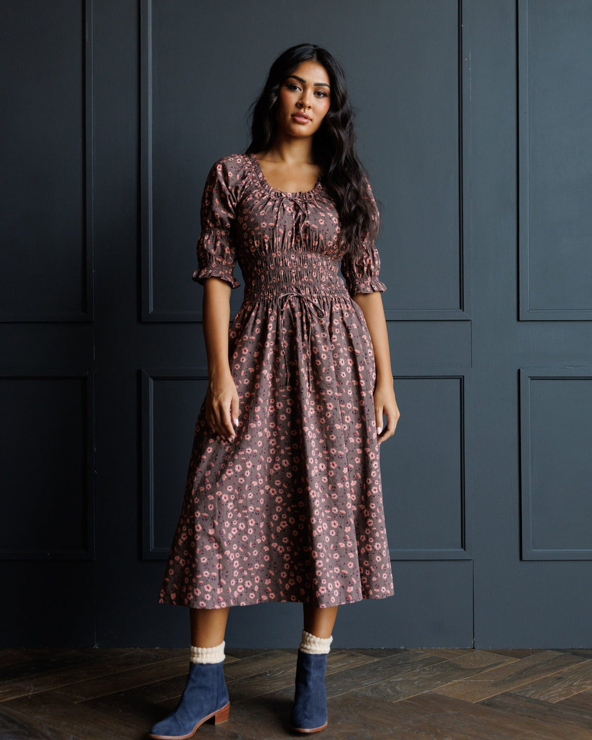 Dark rose floral midi dress with round neckline and puff sleeves