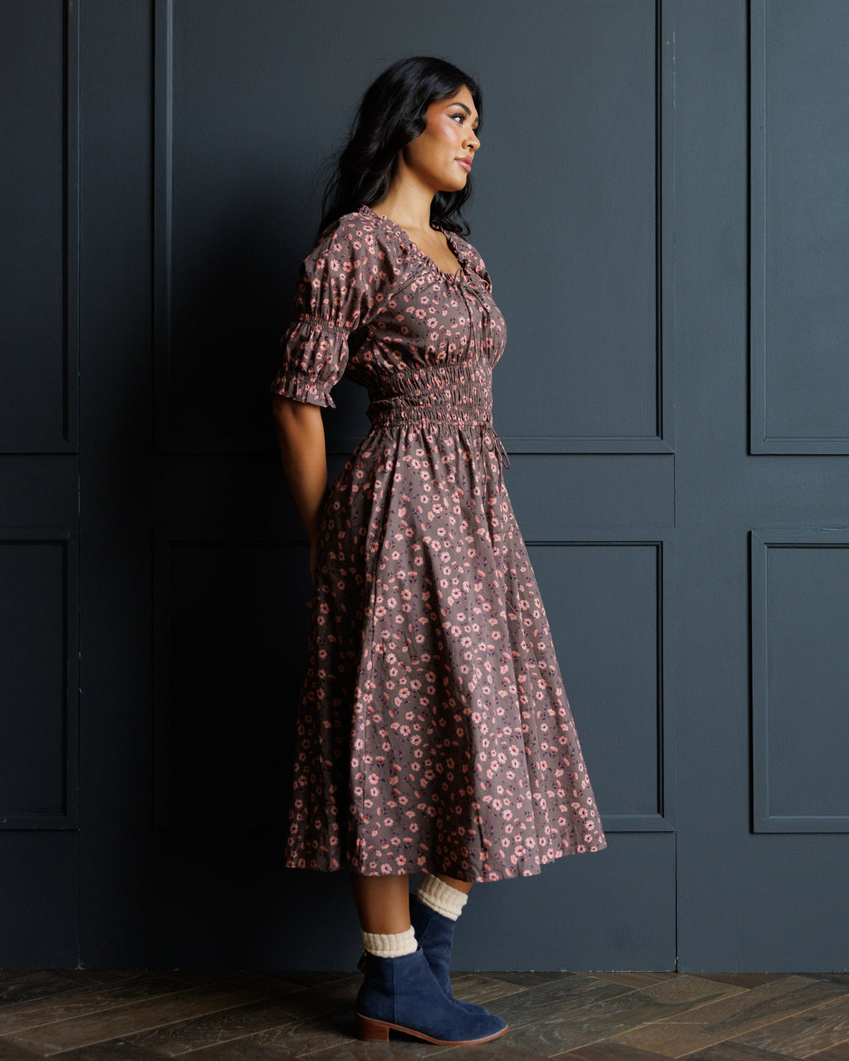 Dark rose floral midi dress with puff sleeves and elasticated waist