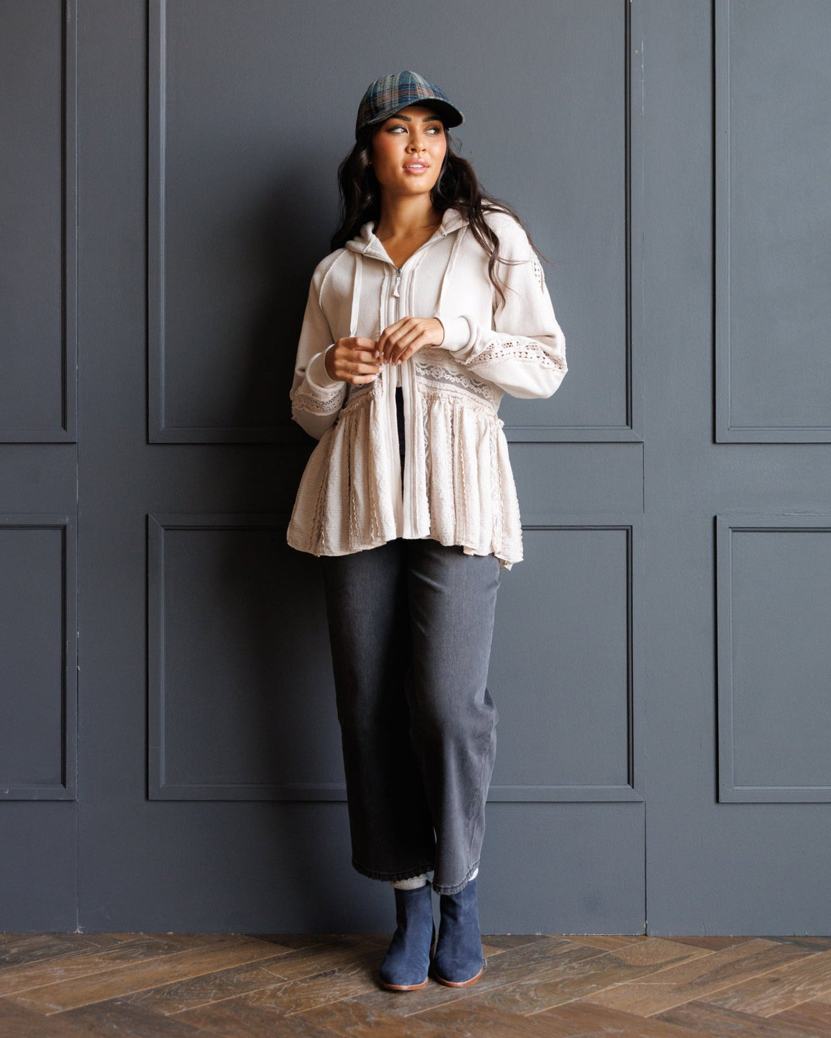 Ivory lace drawstring hoodie with tiered peplum hem