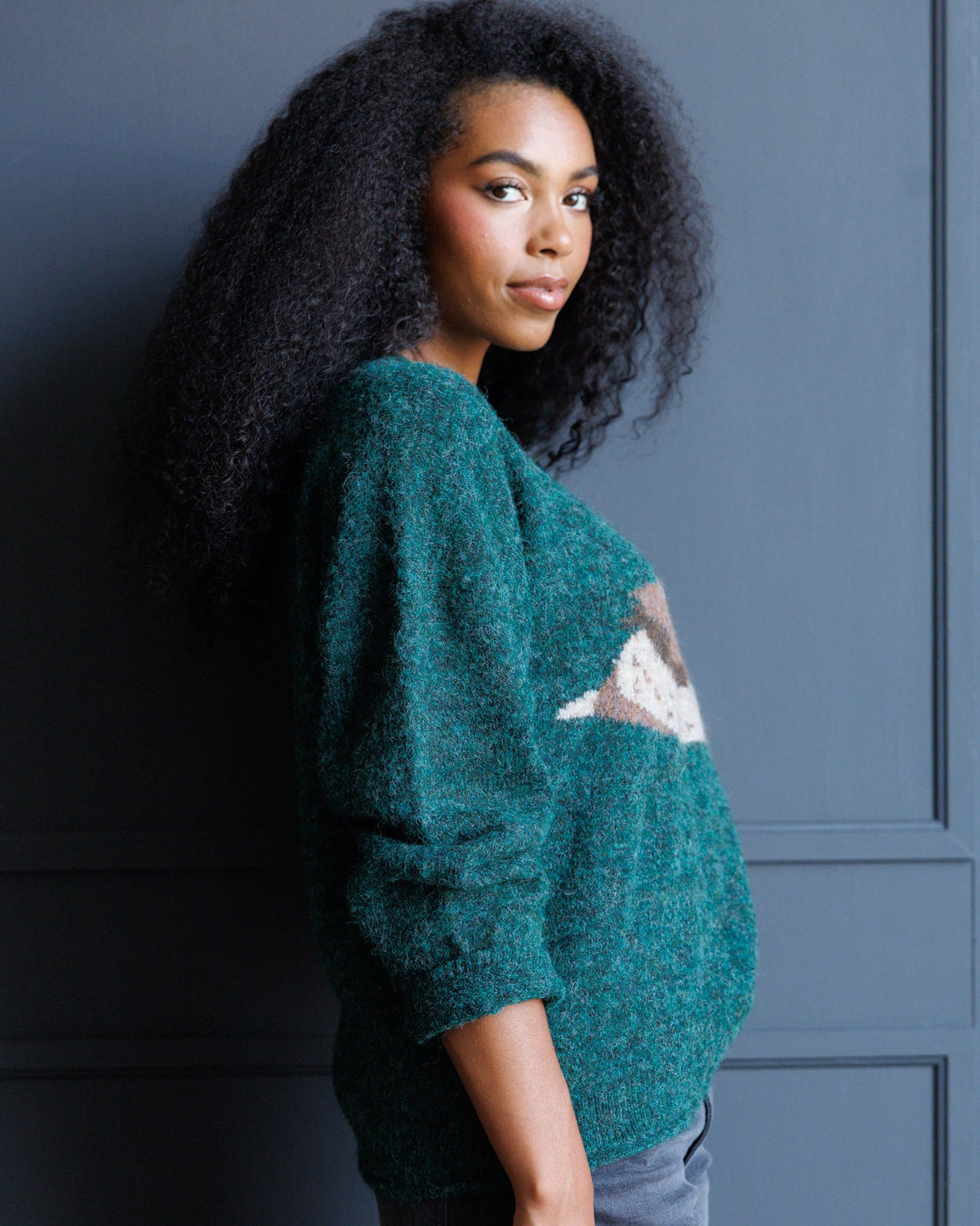 Forest green knit crewneck sweater with bird graphic, long sleeves, side view