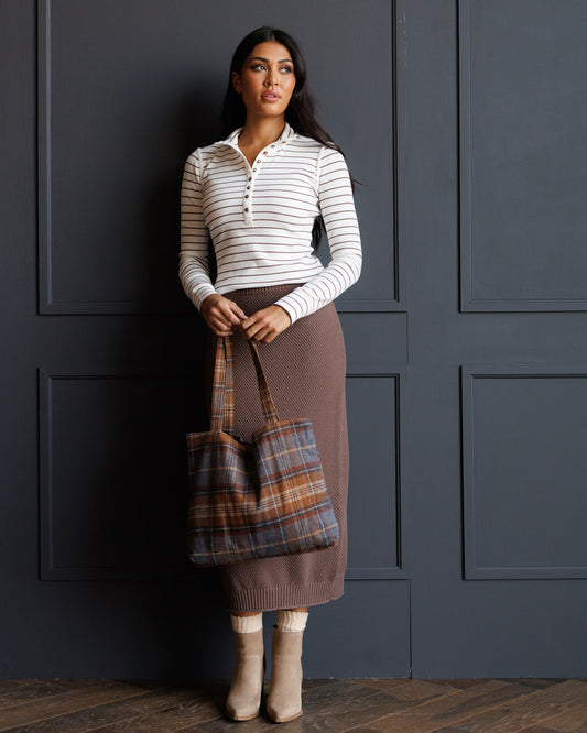 Coffee Quartz knit midi skirt, ribbed waistband and hem, textured brown fabric