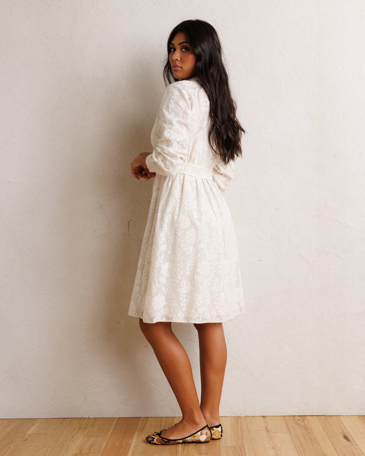White shirt dress with button front and waist tie belt, midi length