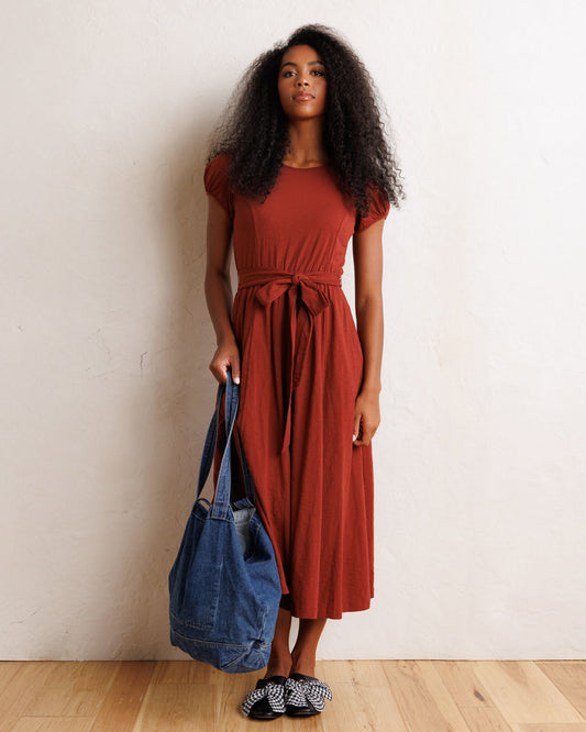 Rust short-sleeve midi dress with ruched waist tie and gathered skirt
