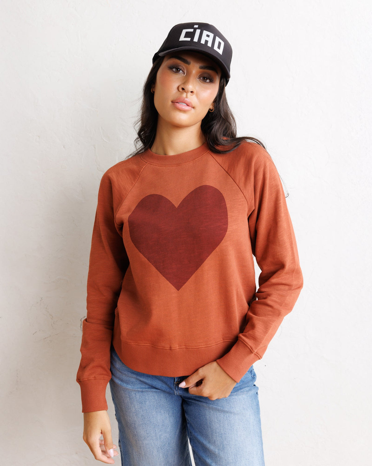 Copper brown crewneck sweatshirt with large heart graphic front