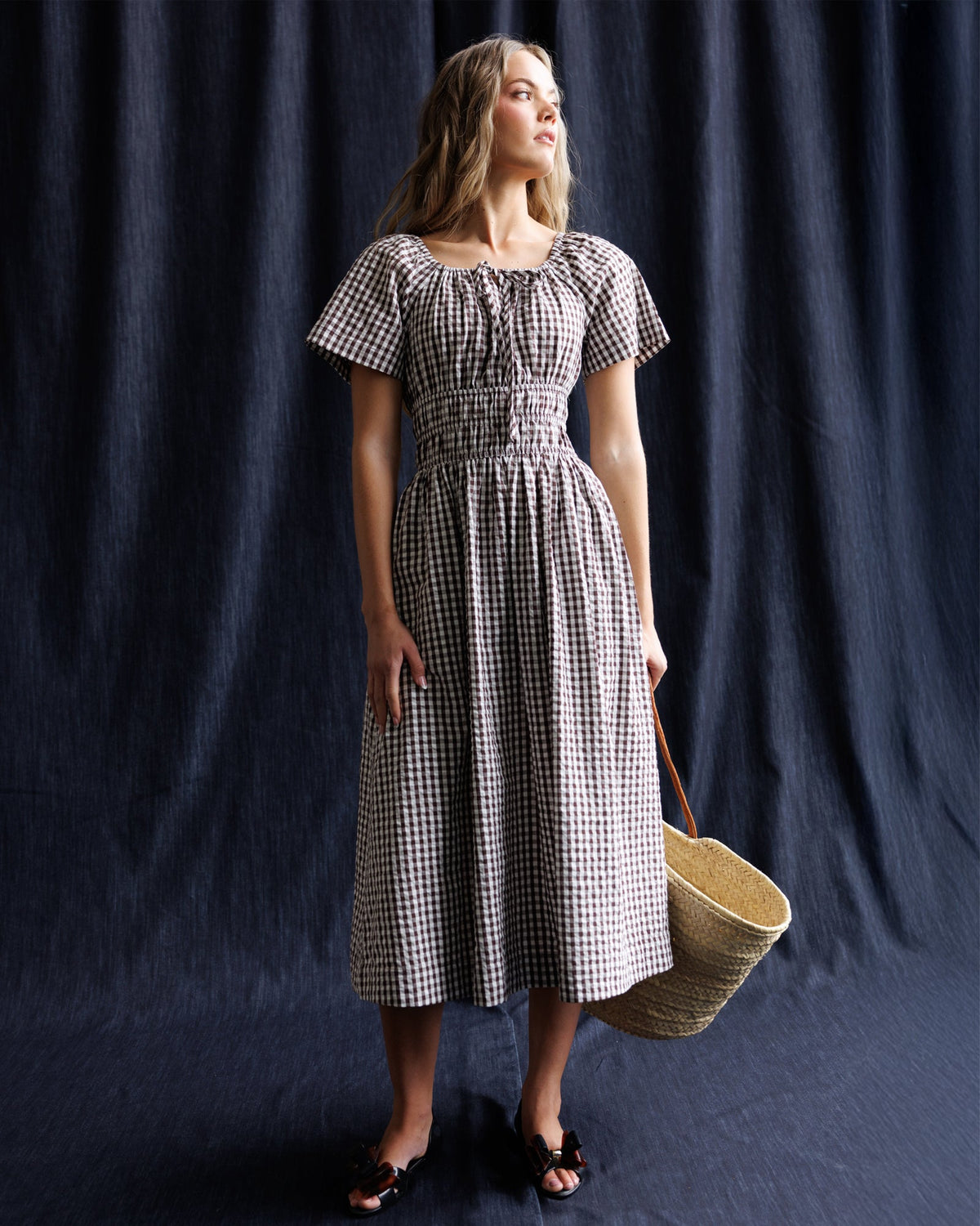 Maybelle dress in gingham with puff sleeves and gathered waist, front view