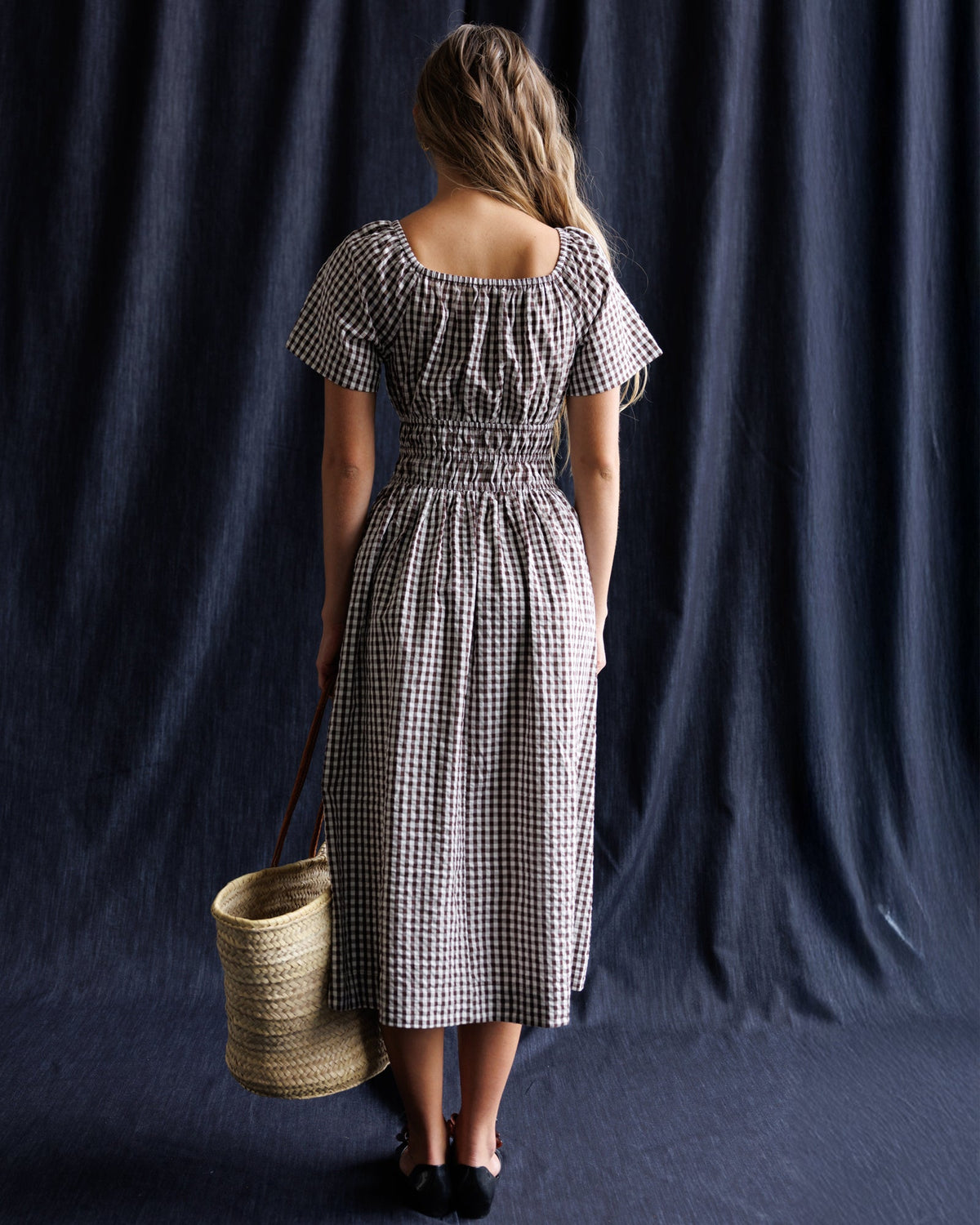 Maybelle dress in gingham with puff sleeves and gathered waist, back view