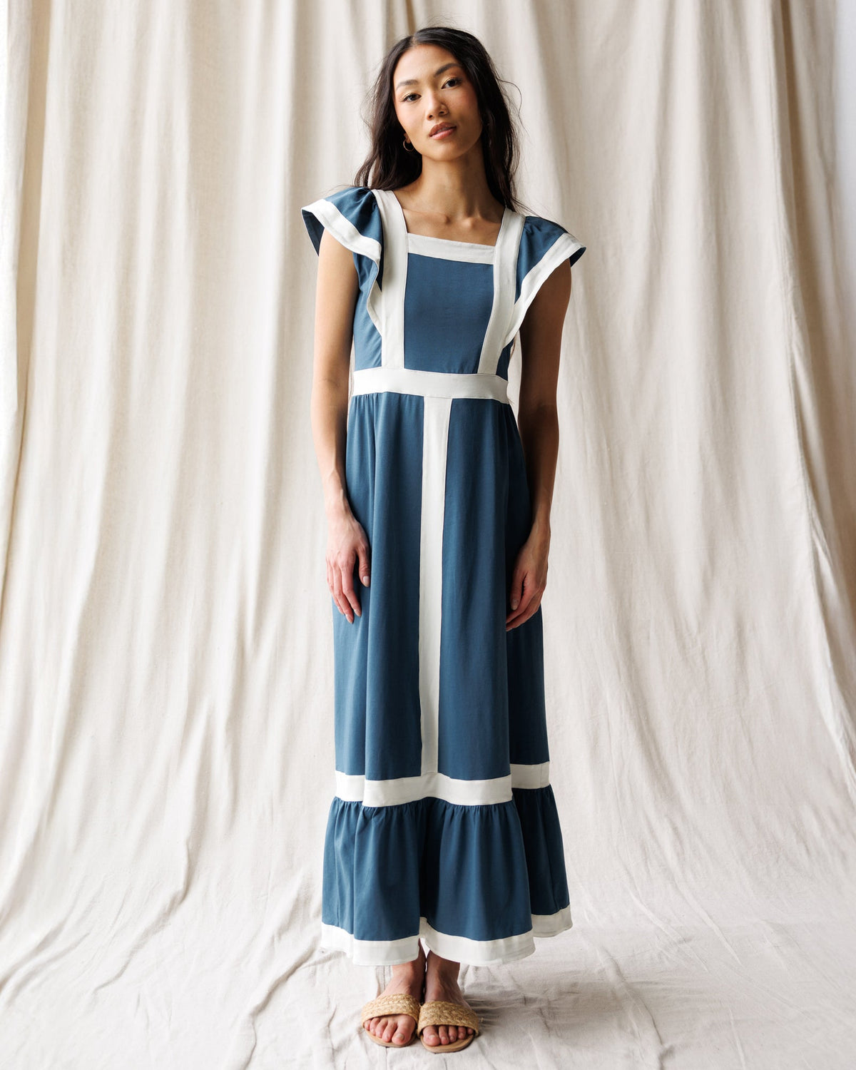 Women’s Block Party dress front, blue with white stripes and tiered maxi skirt