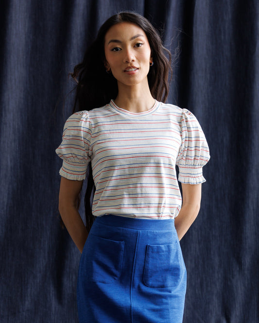 Women’s striped puff-sleeve top with crew neck and gathered sleeve cuffs