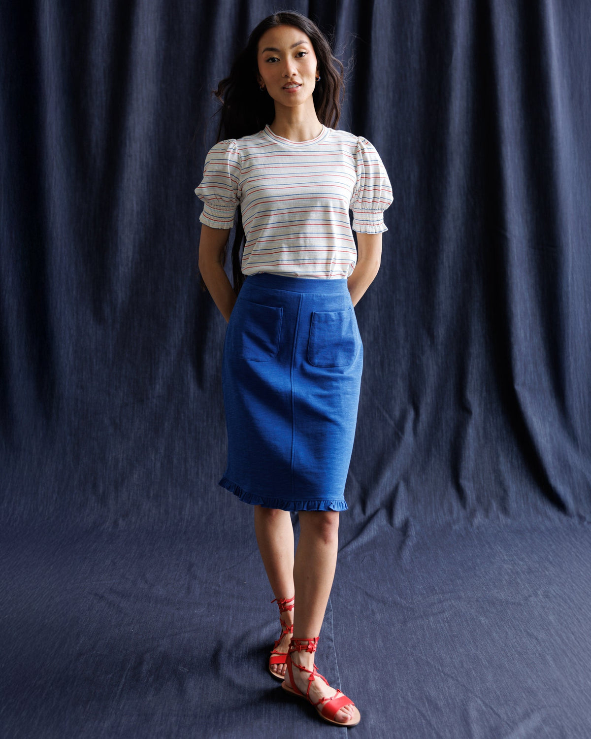 Women’s striped puff-sleeve top, short sleeves with elastic at the cuffs