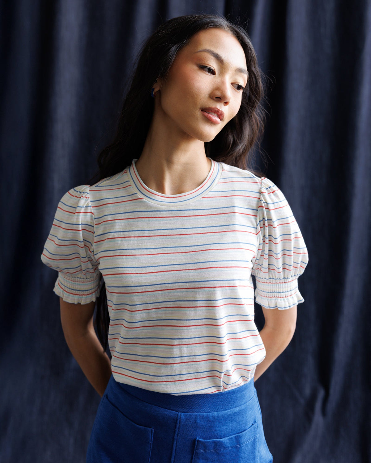 Women’s striped puff-sleeve top with crew neck and elasticized sleeve hems