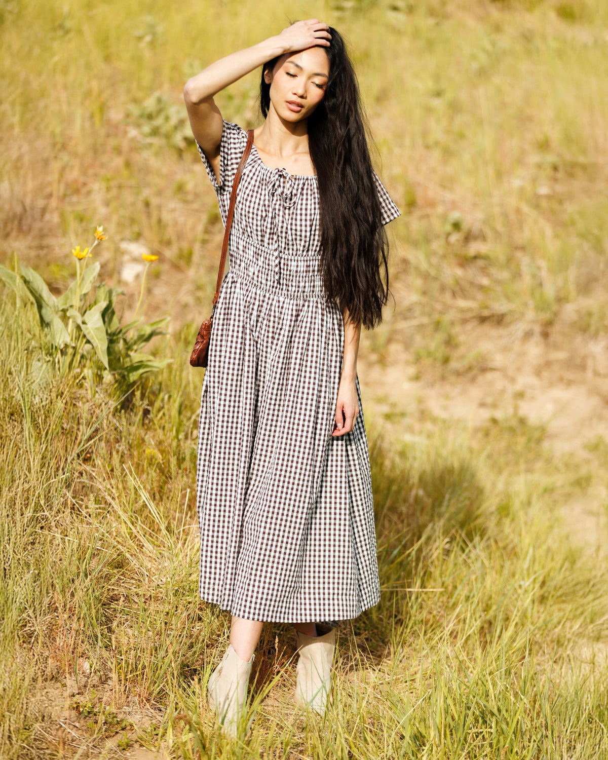 Maybelle dress in gingham with puff sleeves and gathered waist, midi skirt