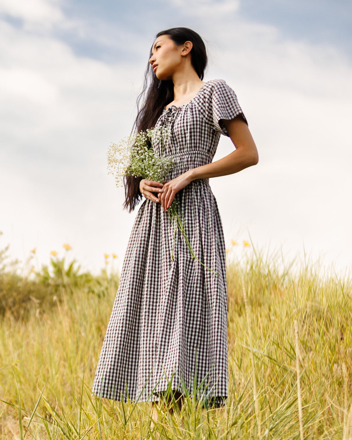 Maybelle dress in gingham with puff sleeves, square neckline, and gathered waist