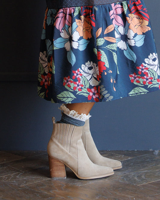 Boot socks with lace ruffle cuffs, dark charcoal ribbed knit