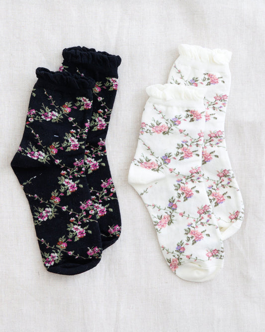 Floral ankle sock set: dark and white with pink flower prints