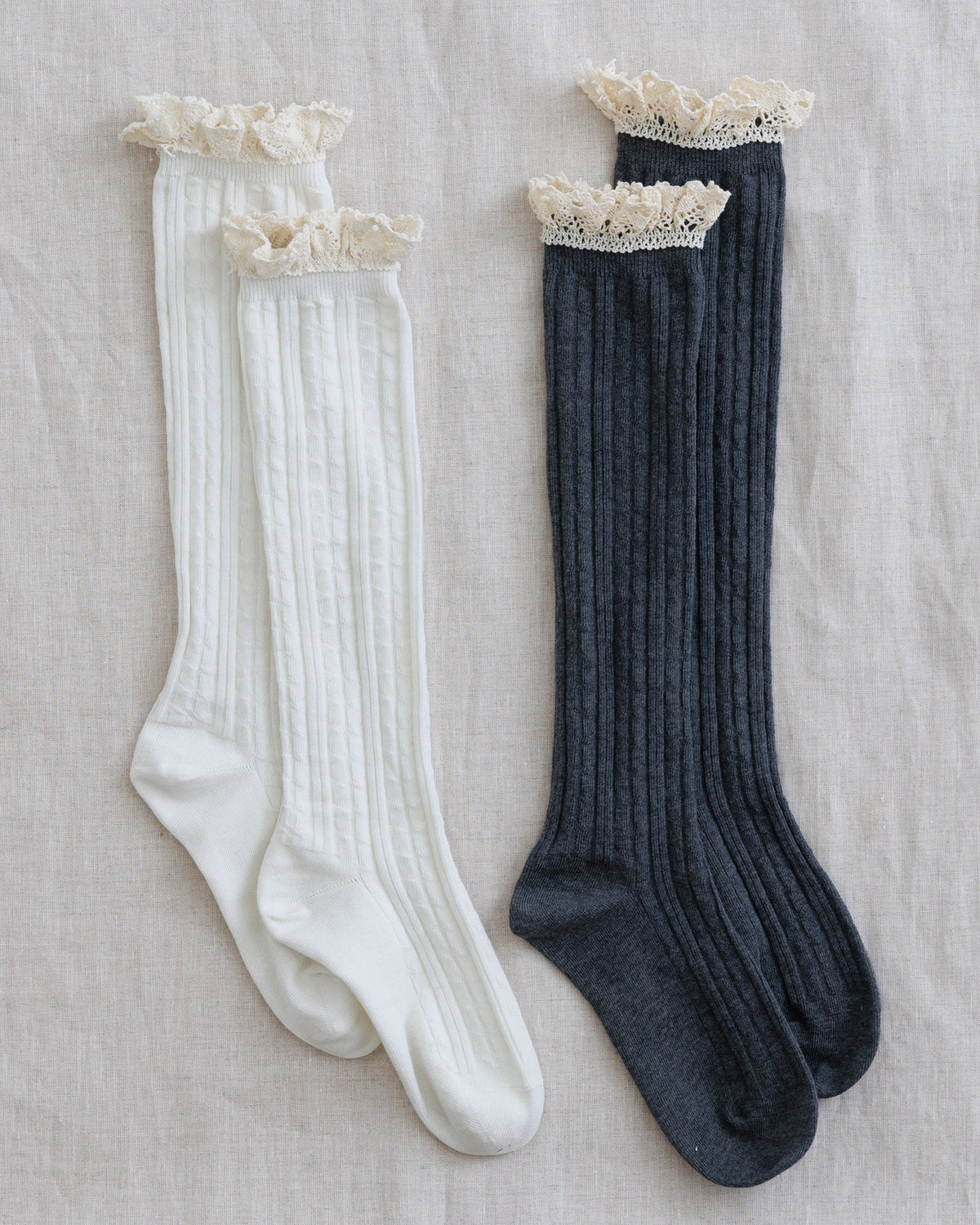 Boot socks with lace ruffle cuffs, white ribbed knit