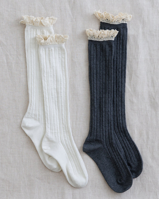 Boot socks with lace ruffle cuffs, white ribbed knit