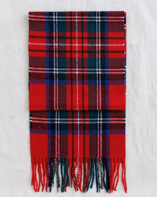 Red plaid scarf with navy-and-black checks and fringed ends