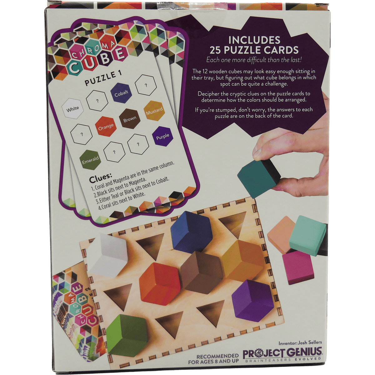 Logic cube puzzle retail box showing Puzzle 1 card and cube pieces