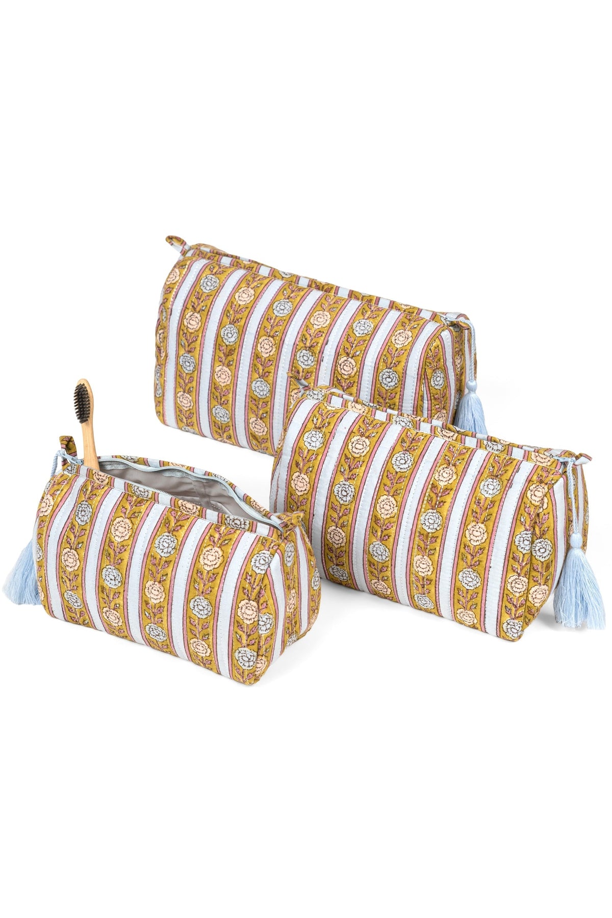 Two-piece striped makeup bag set with blue tassels and top zipper pouches
