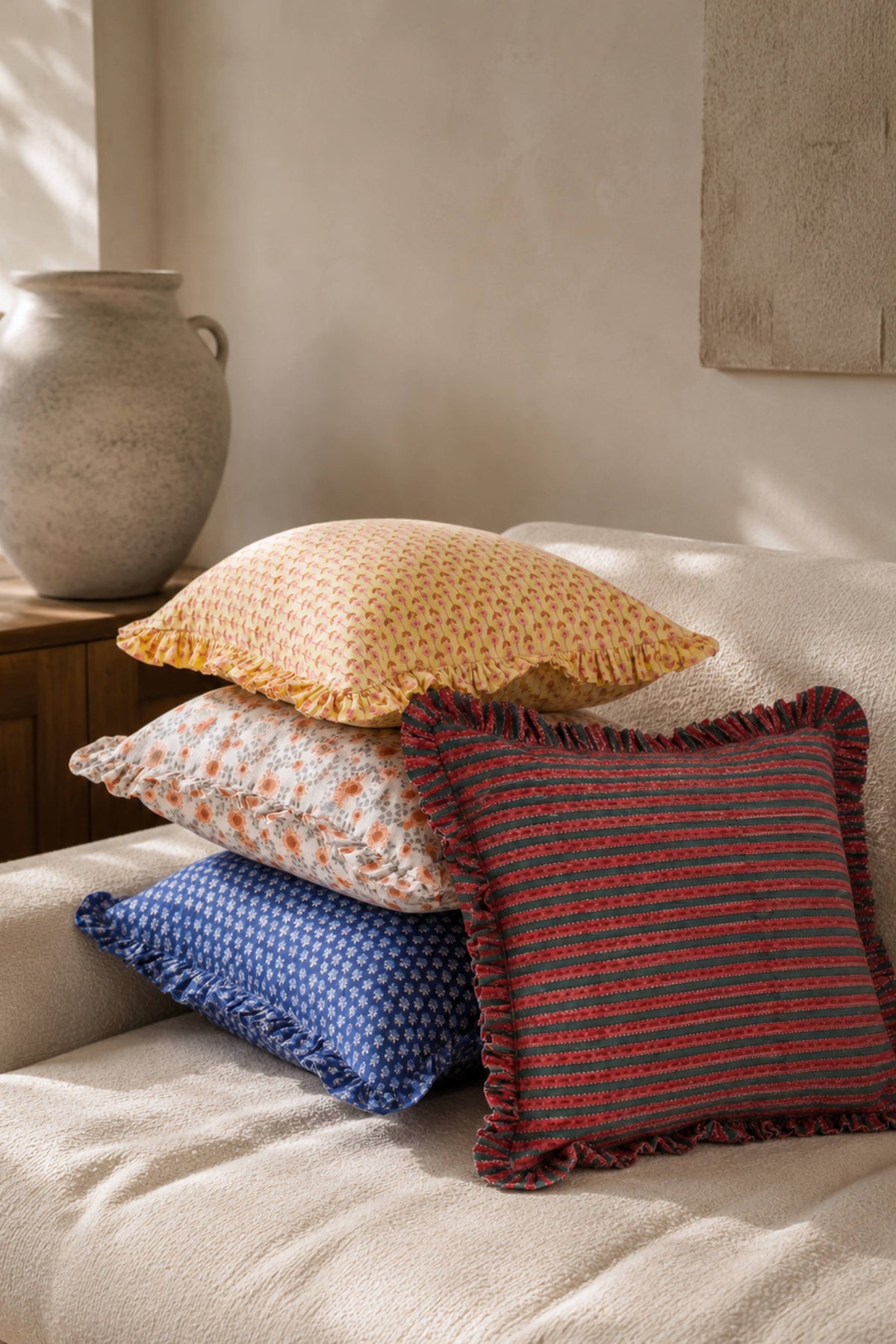 Stacked patterned pillow covers with ruffle trim: yellow floral, white-orange ditsy, blue, striped
