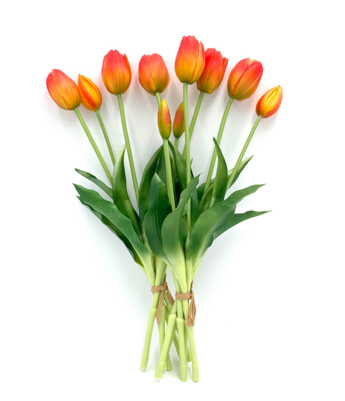 Artificial tulip stems bundle with orange-red blossoms and green leaves, 10-pack