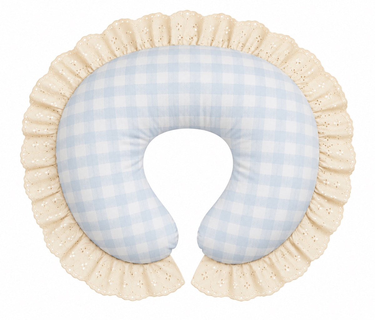 Nursing pillow cover with blue gingham fabric and ivory eyelet lace ruffle