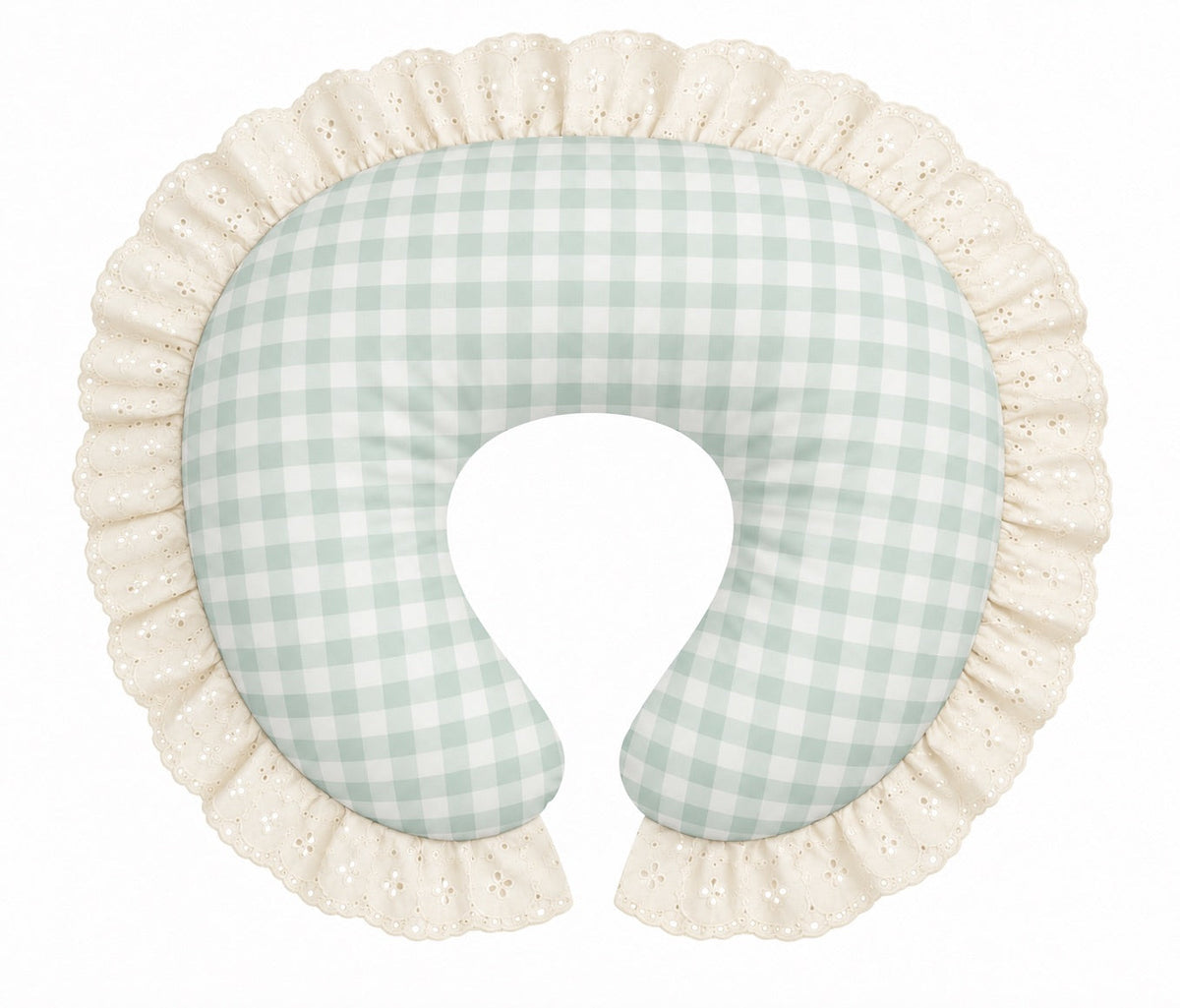 Nursing pillow cover with pale green checkered fabric and ivory eyelet lace ruffle