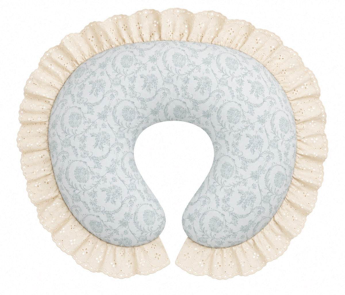 Nursing pillow cover with pale blue floral print and ivory eyelet lace ruffle
