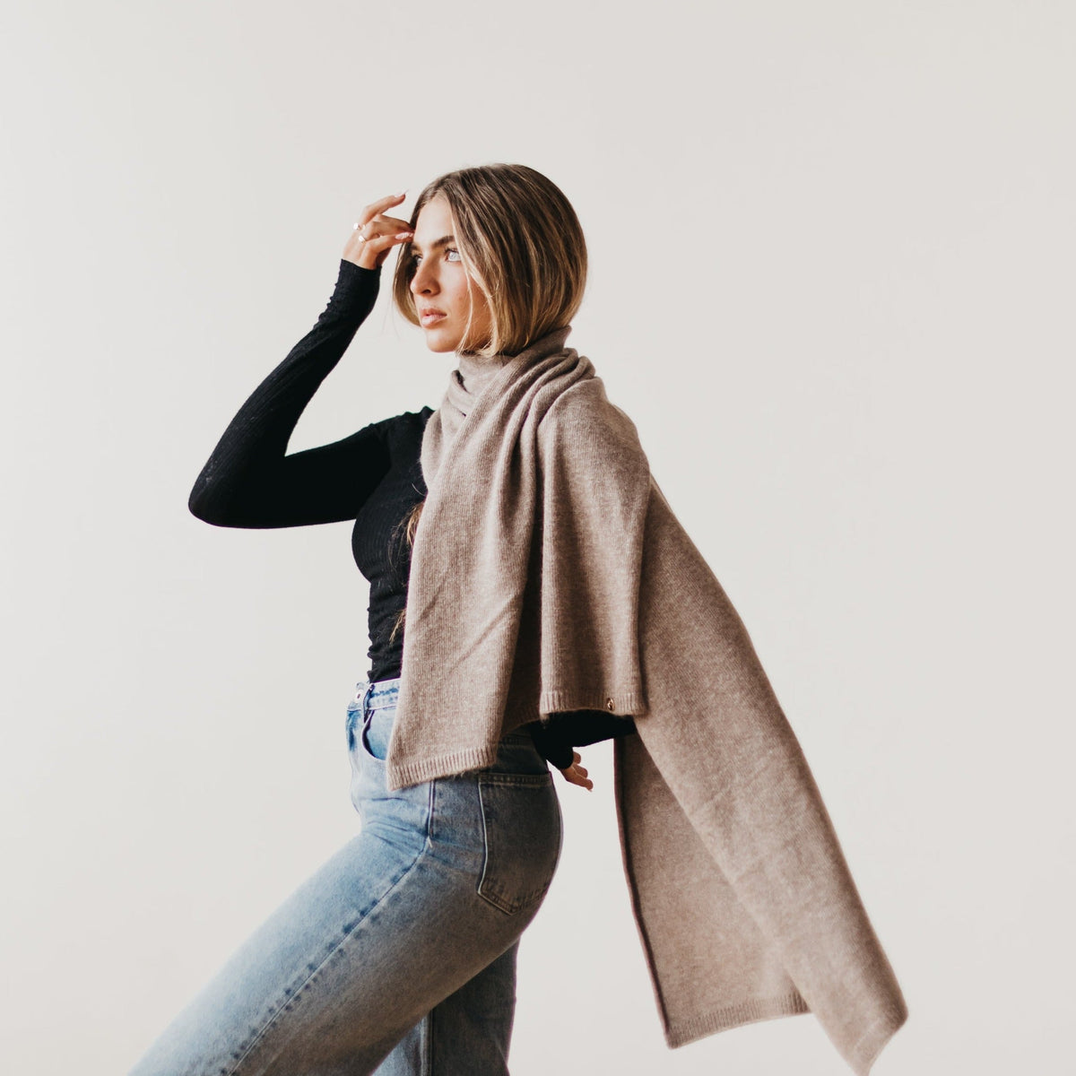 Mocha cashmere wrap with ribbed knit beanie, scarf cowl at neck and long drape