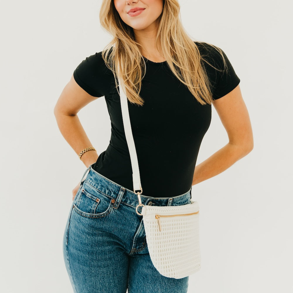 White woven crossbody bum bag with adjustable strap and gold zipper