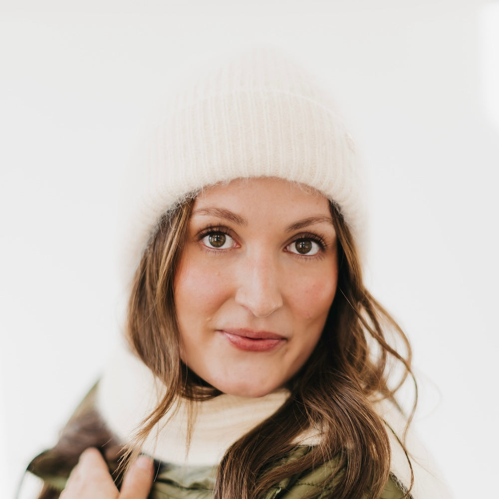 Cream knit beanie with matching cream ribbed scarf